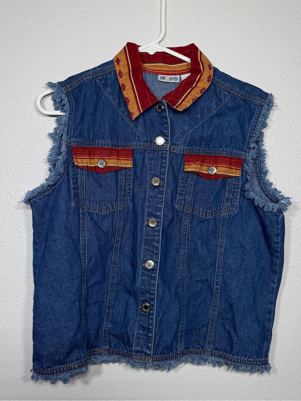 Vintage Sun River Clothing Co. Denim Vest Size L Southwestern Western Fringe